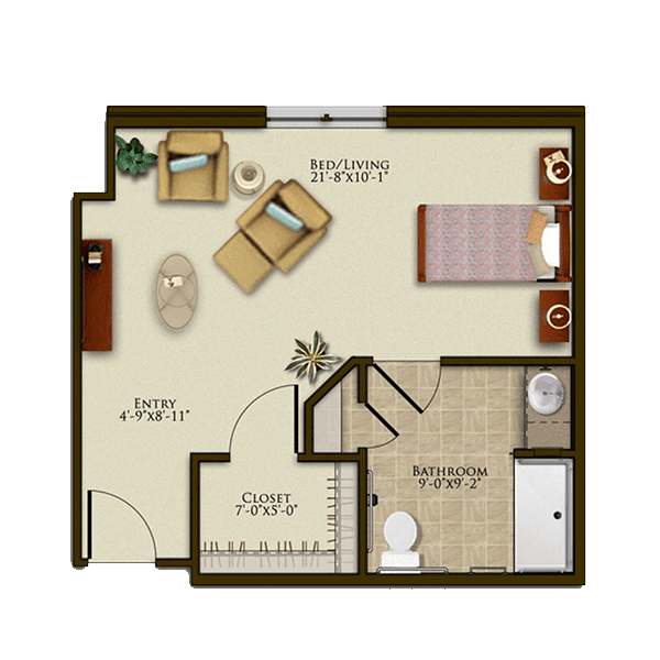 One-bedroom apartment floor plan with living room, kitchen, and bathroom.