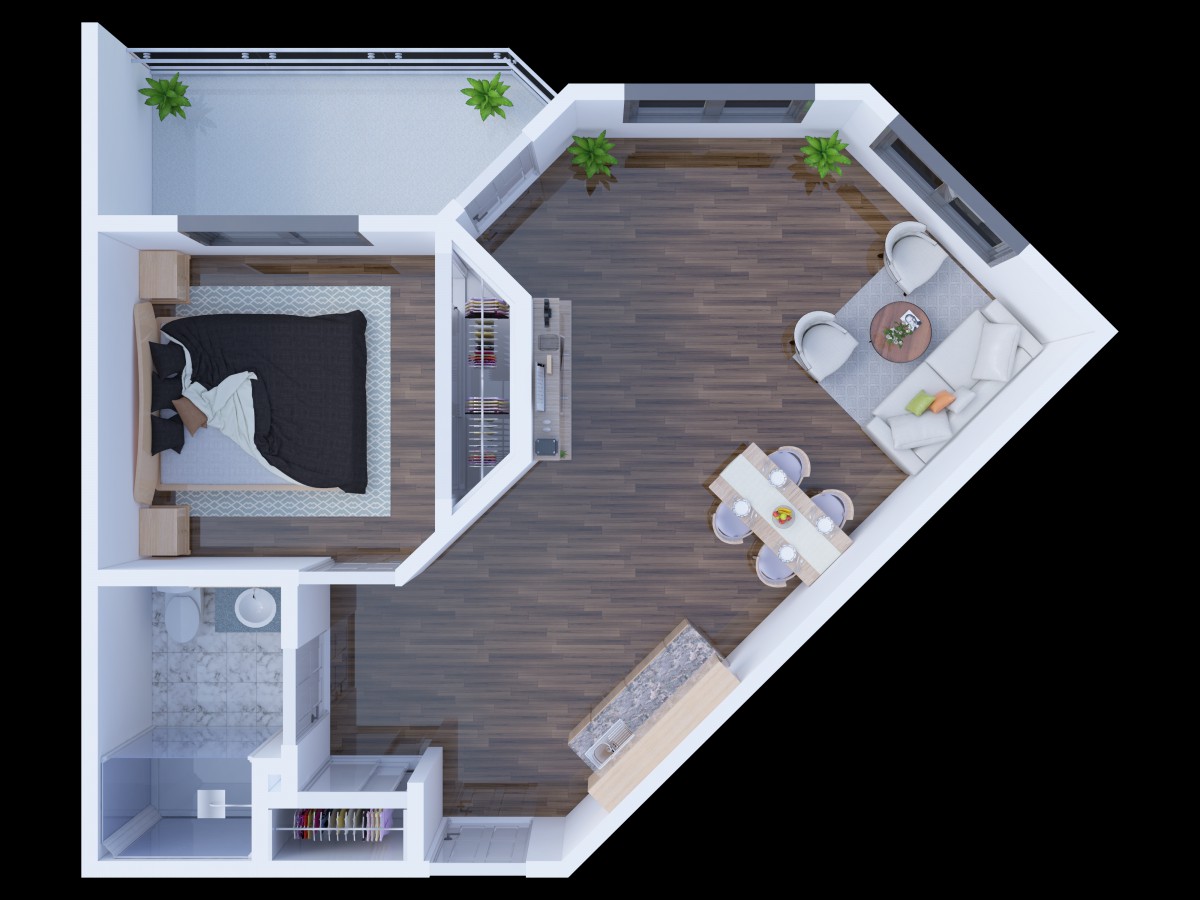 A 3D floor plan of a modern apartment featuring a living room, bedroom, kitchen, and dining area.