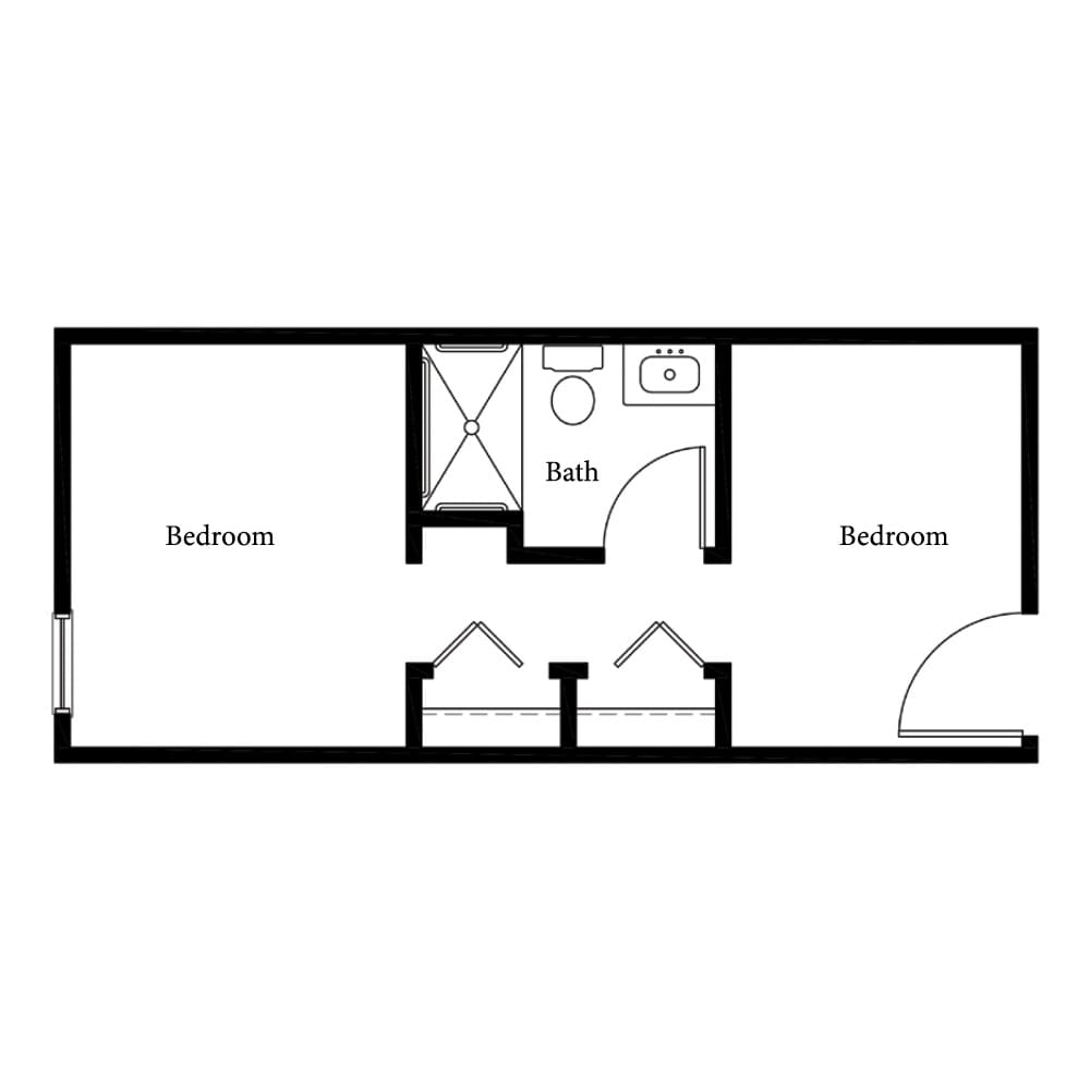 A simple floor plan with two bedrooms and a bathroom.