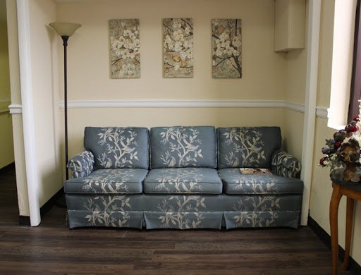A blue patterned sofa complements the cozy ambiance of this living room.