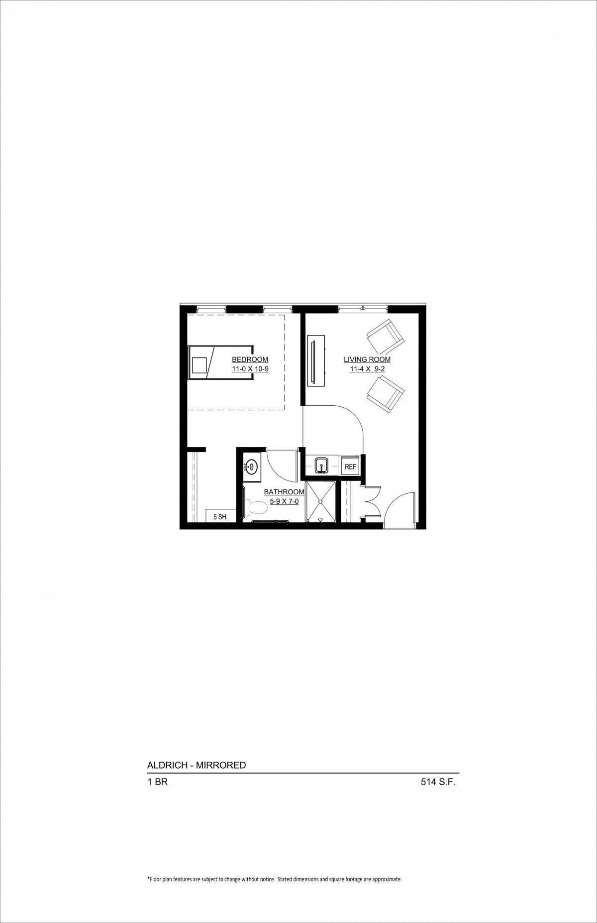 A one-bedroom apartment floor plan with a living area, kitchen, and bathroom.