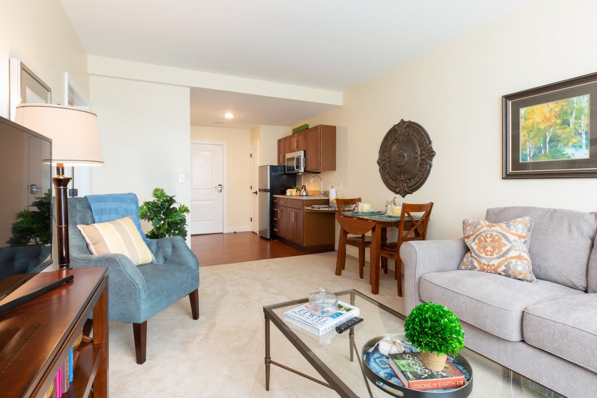 A cozy apartment living area with a view of the kitchen, featuring comfortable seating and tasteful decor.