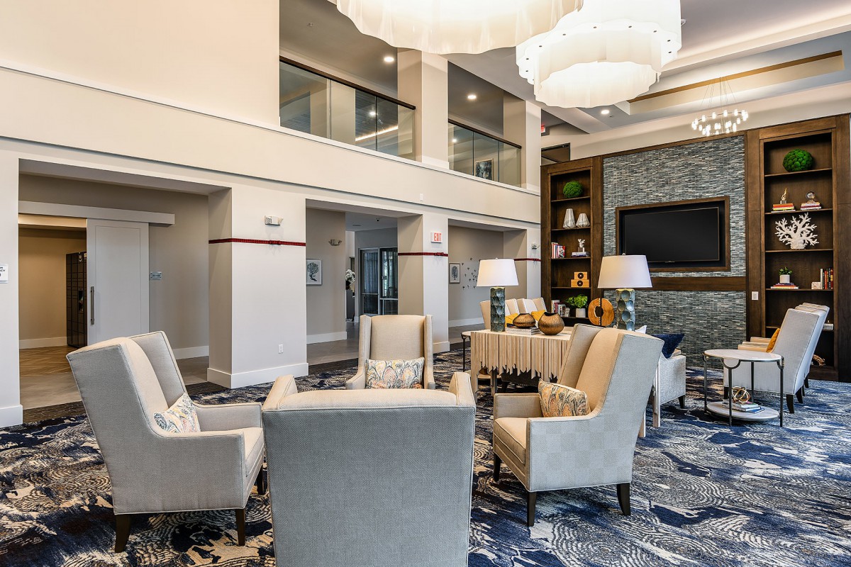 A modern lobby with elegant seating and stylish decor.