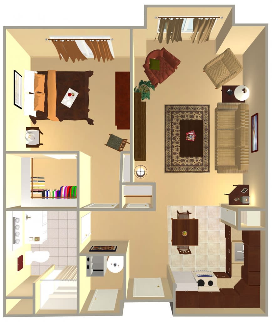 A floor plan of a one-bedroom apartment featuring a living room, kitchen, bathroom, and bedroom with furniture layout.