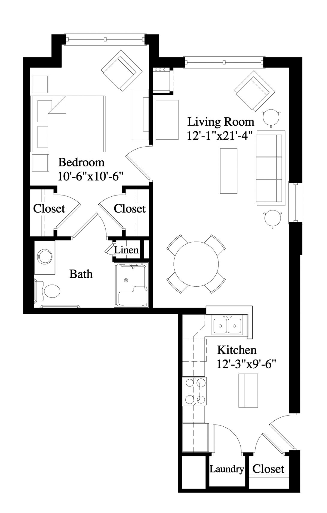A detailed floor plan of a one-bedroom apartment, featuring a living room, kitchen, bathroom, and closets.
