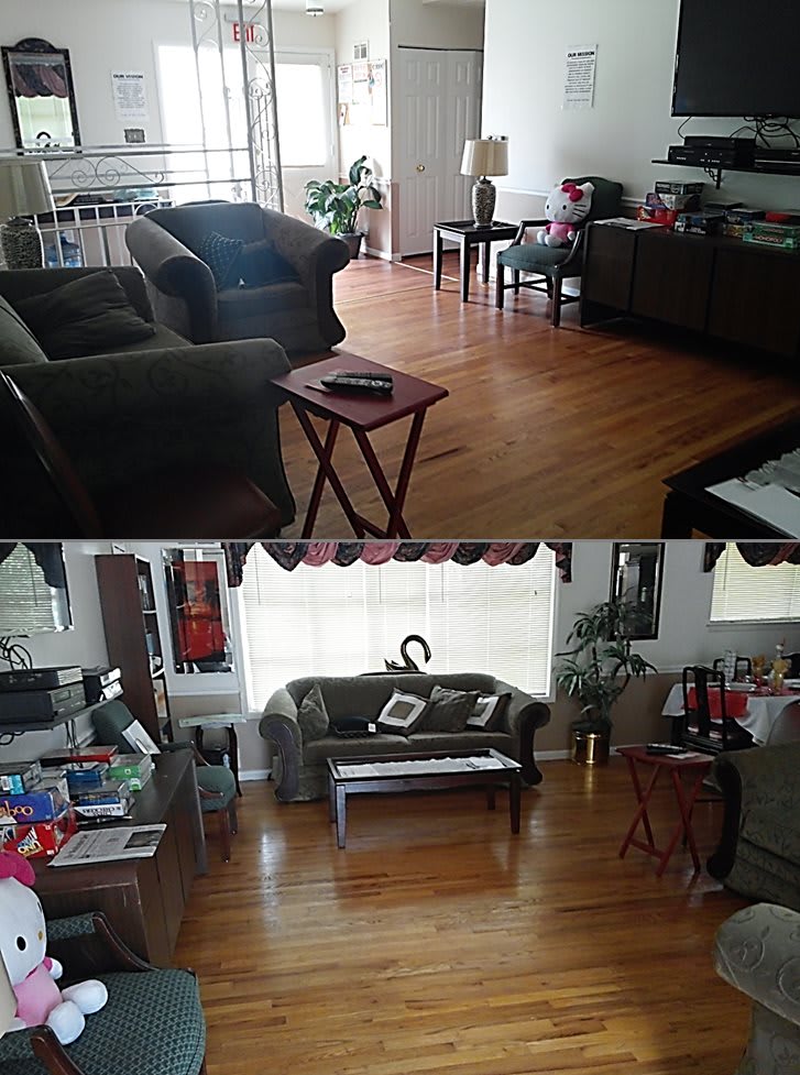 A cozy living room with sofas and hardwood flooring, adorned with houseplants and a small coffee table.