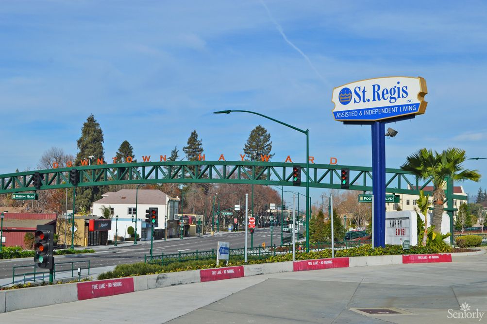A street scene featuring a pedestrian bridge and a St. Regis sign, surrounded by urban buildings and trees.