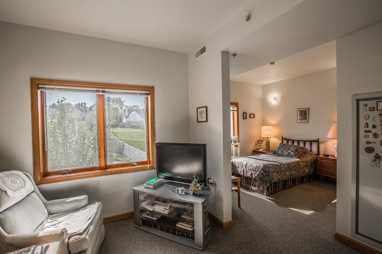 A cozy bedroom with a comfortable bed, television, and ample natural light coming through the window.