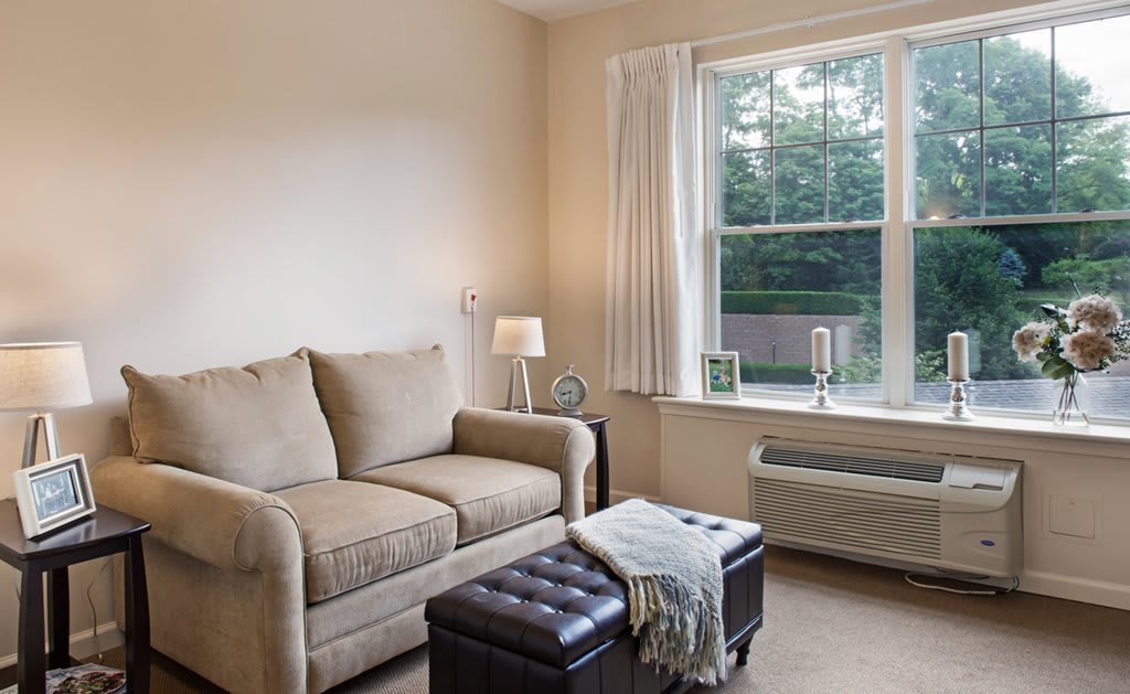 A cozy living room with a beige sofa, window, and elegant decor.
