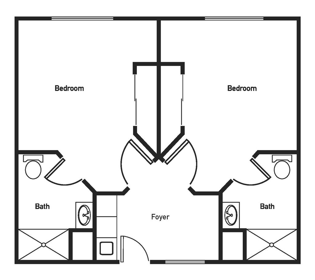 A symmetrical floor plan featuring two bedrooms and two bathrooms with a central foyer.