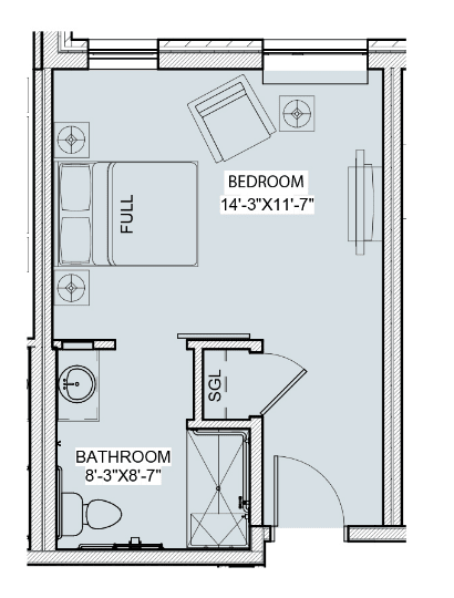 A floor plan showing a bedroom with a full bed and an attached bathroom.
