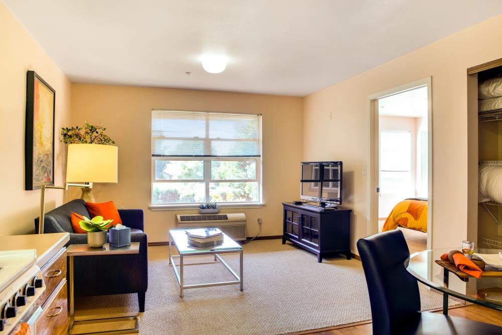 A cozy living room with a sofa, coffee table, and television near a large window.