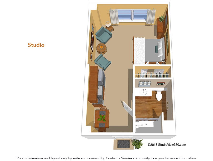 3D floor plan of a studio apartment showcasing furniture arrangement and room layout.