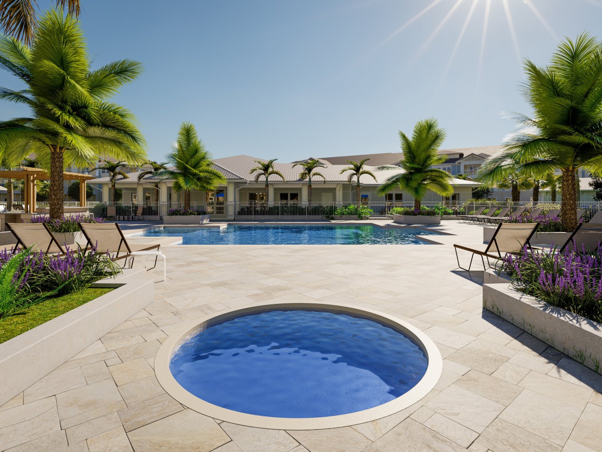 A sunny resort setting featuring a large swimming pool surrounded by lounge chairs and palm trees.
