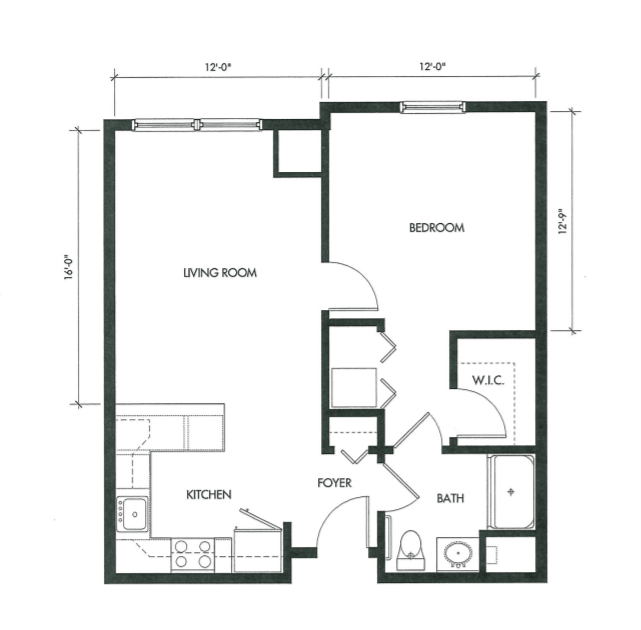 Floor plan of a one-bedroom apartment with kitchen, living room, and bathroom.