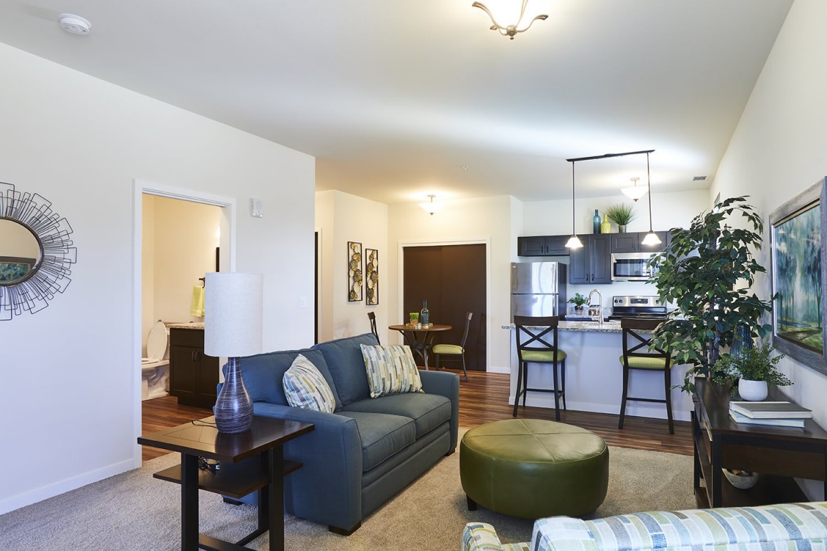 A modern open-plan living space featuring a comfortable sofa, kitchen area, and stylish interior design.