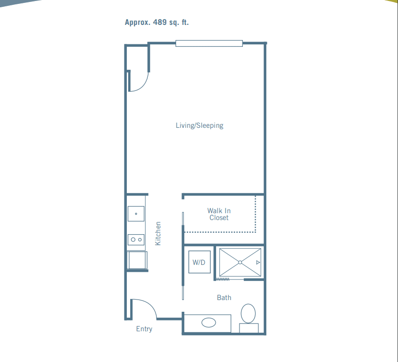 A floor plan of a small apartment featuring a living area, kitchenette, bathroom, and closet.