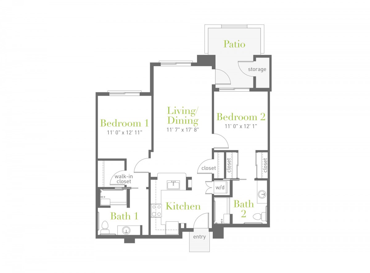 Floor plan of a two-bedroom apartment with labeled rooms.