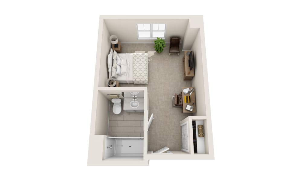 3D layout of a small apartment unit featuring a bedroom, bathroom, and living area.
