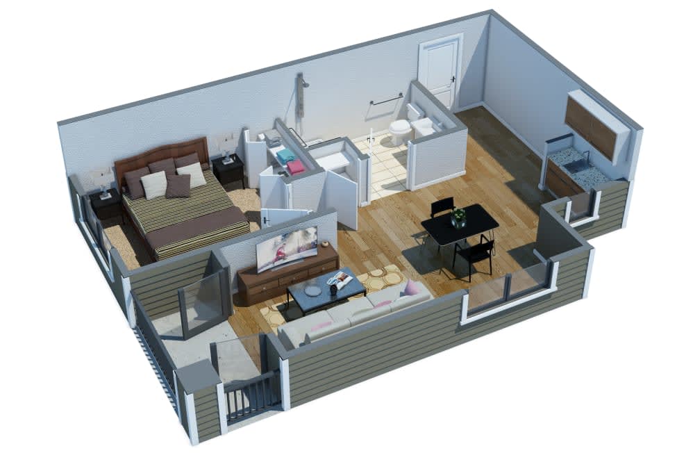 A 3D rendered floor plan of a modern apartment layout featuring a living room, bedroom, kitchen, and bathroom.