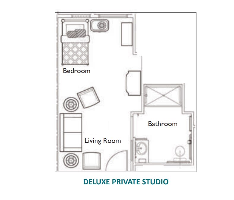 Floor plan of a deluxe private studio apartment featuring a bedroom, living room, and bathroom.