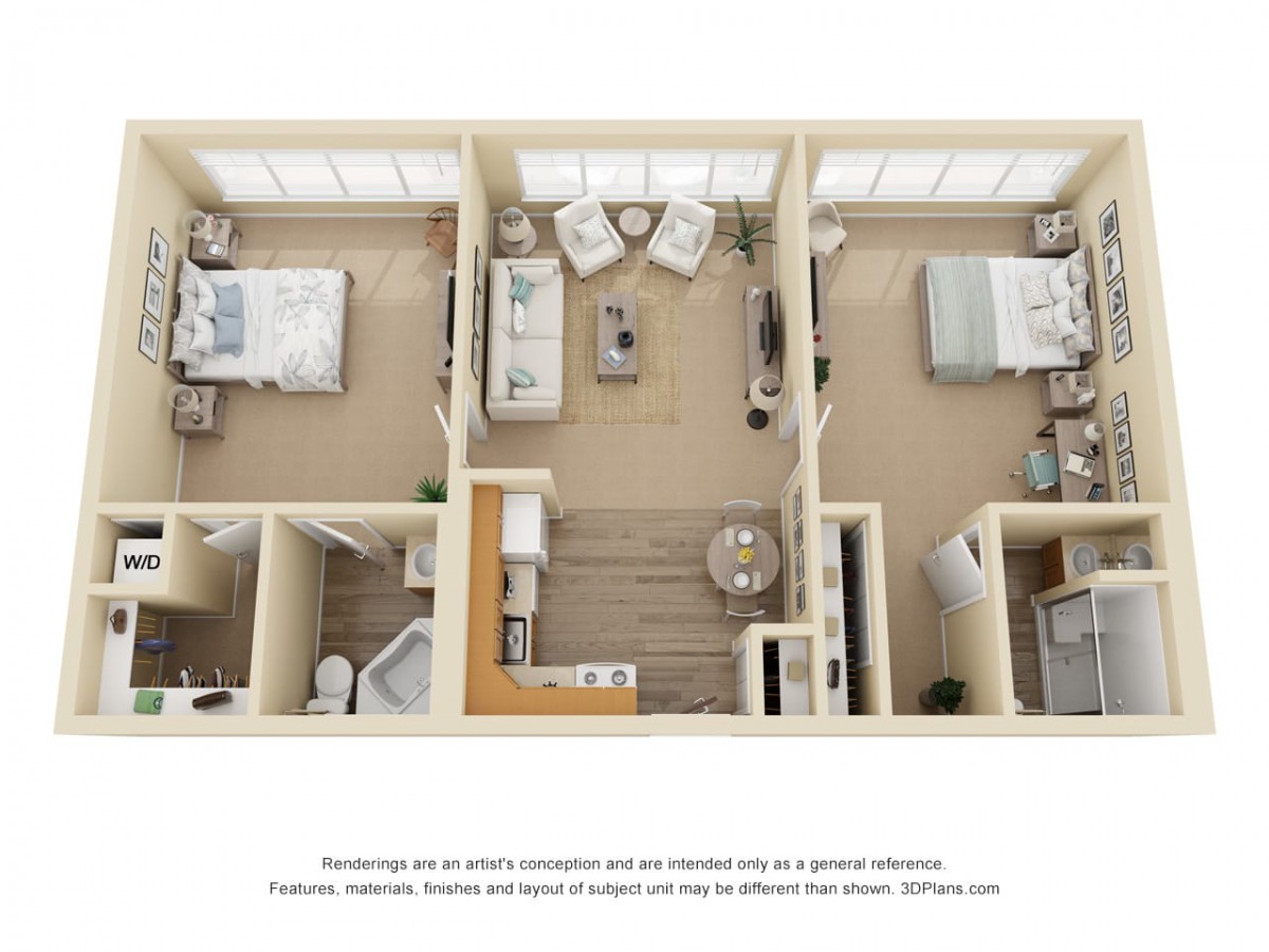 A 3D floor plan showing an apartment layout with two bedrooms, a living room, a kitchen, and a bathroom.