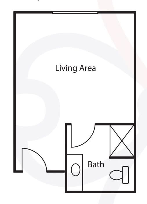 A simple floor plan of a studio apartment featuring a living area and a bathroom.
