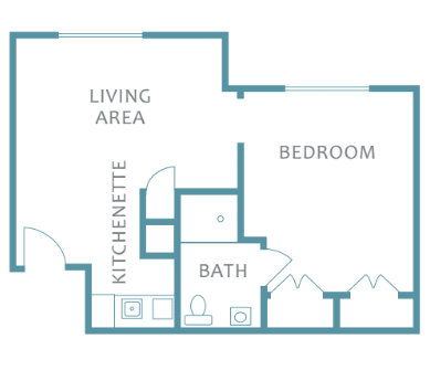 A simple floor plan of an apartment featuring a living area, bedroom, kitchenette, and bathroom.