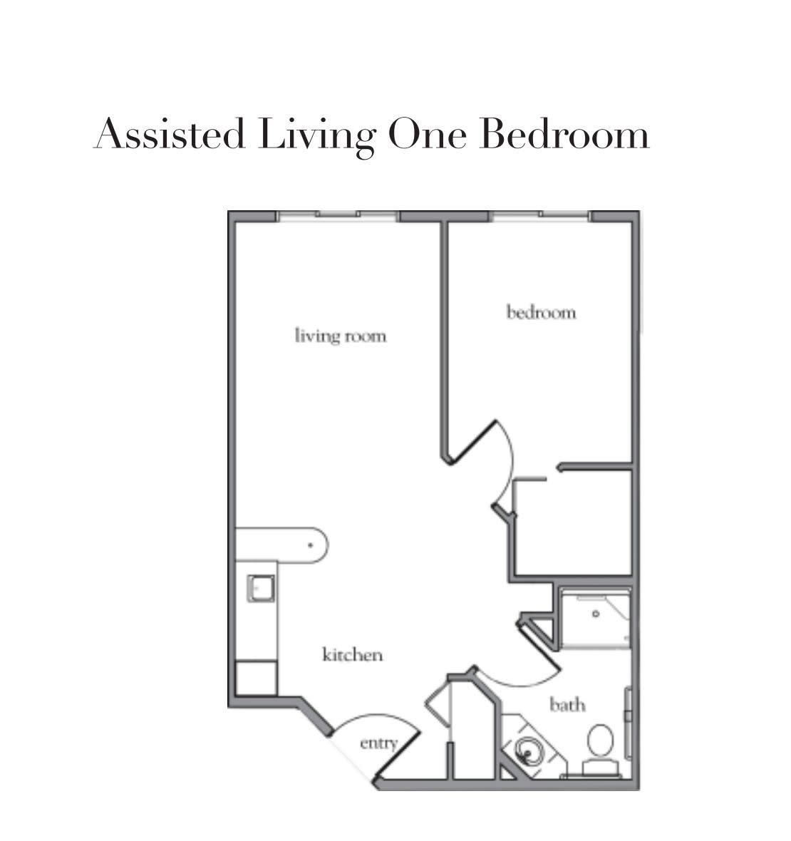 Floor plan of an assisted living one-bedroom apartment.