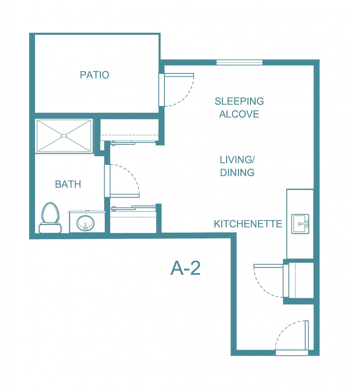 Studio apartment floor plan featuring a sleeping alcove, living/dining area, kitchenette, bathroom, and patio.
