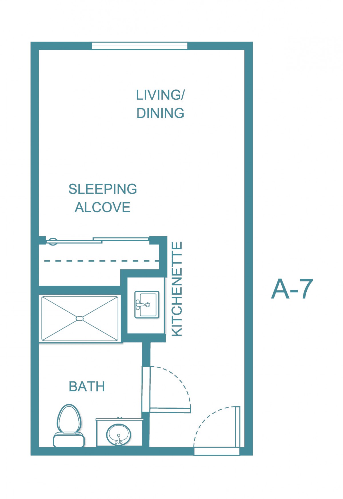 A compact studio apartment floor plan labeled A-7, featuring a living/dining area, sleeping alcove, kitchenette, and bathroom.