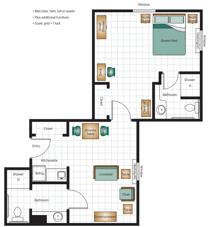 A floor plan of an apartment featuring a bedroom, living room, kitchen, and bathroom.