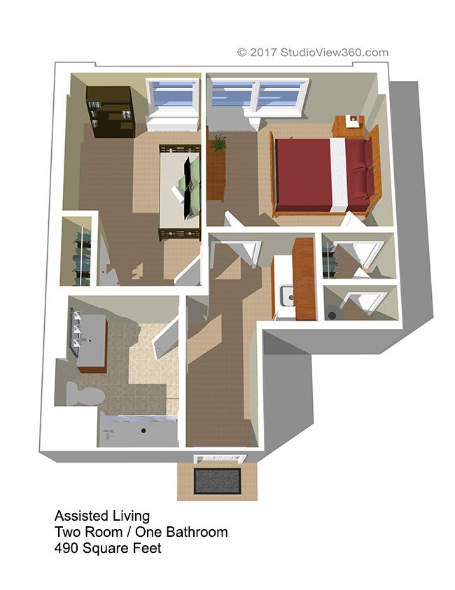 A 3D rendering of a one-bedroom apartment floor plan with areas designated for the living room, kitchen, and bathroom.