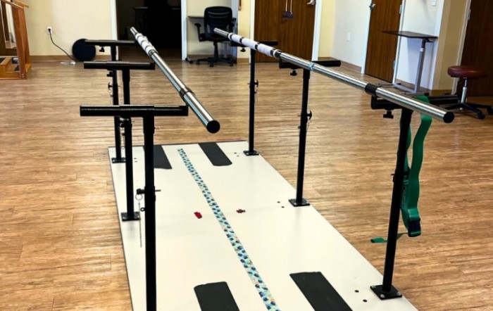 A set of parallel bars used for physical therapy and rehabilitation exercises in a facility.