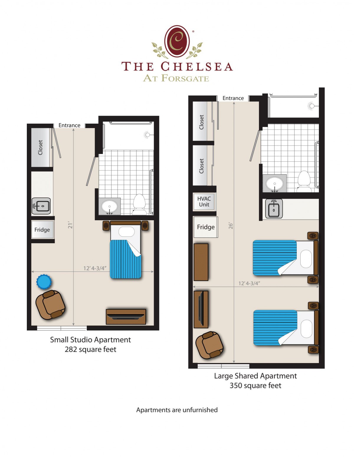 Floor plans for the Chelsea Apartments: a small studio apartment and a larger shared apartment layout.