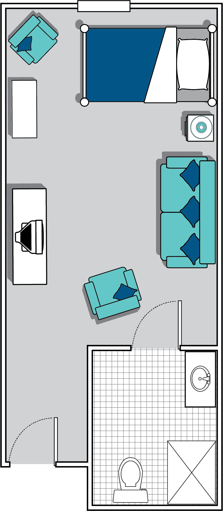 A floor plan of a living room featuring a sofa, chair, and TV stand.