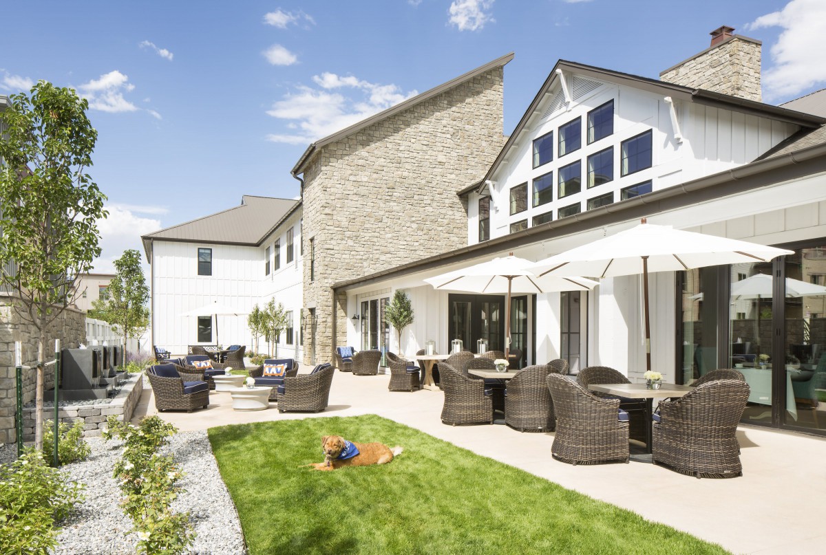 A sunny outdoor patio area with comfortable seating, umbrellas, and a well-maintained lawn.