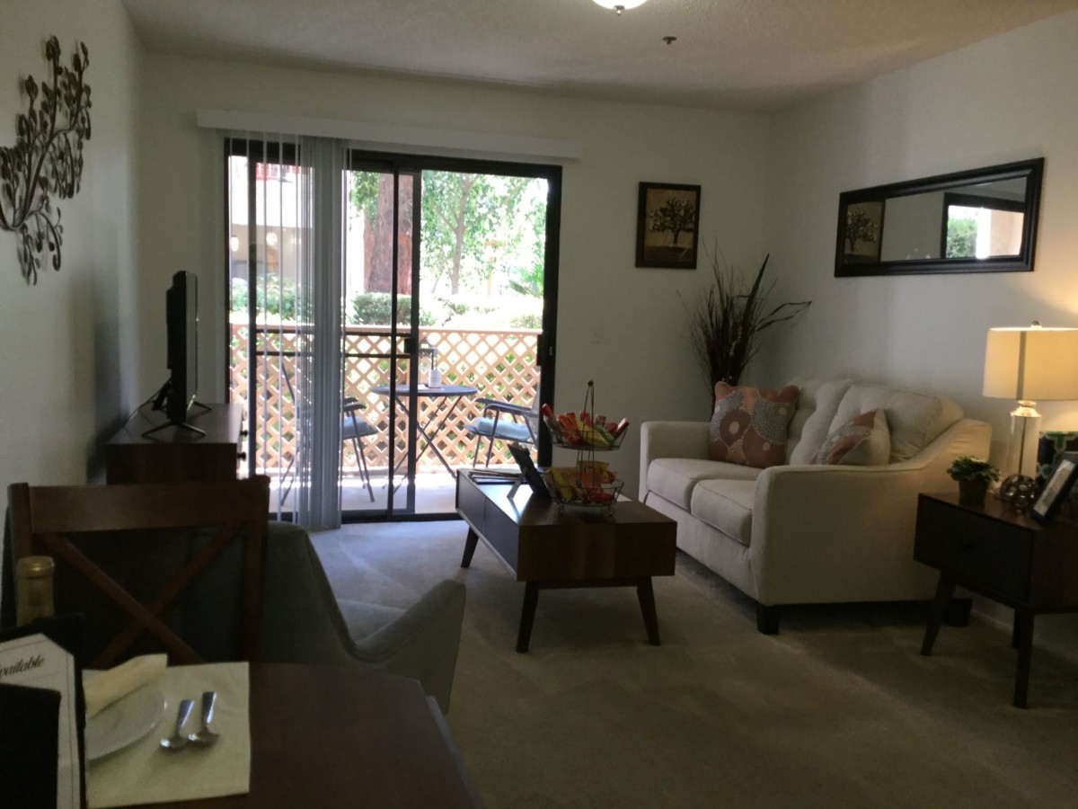 A cozy living room with a sofa, coffee table, and TV, featuring a sliding door leading to a patio.