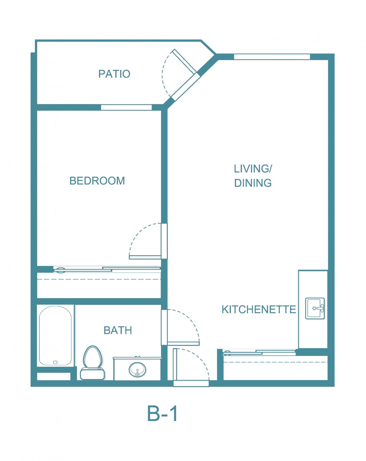 A floor plan of a studio apartment featuring a living/dining area, kitchenette, bedroom, bathroom, and patio.