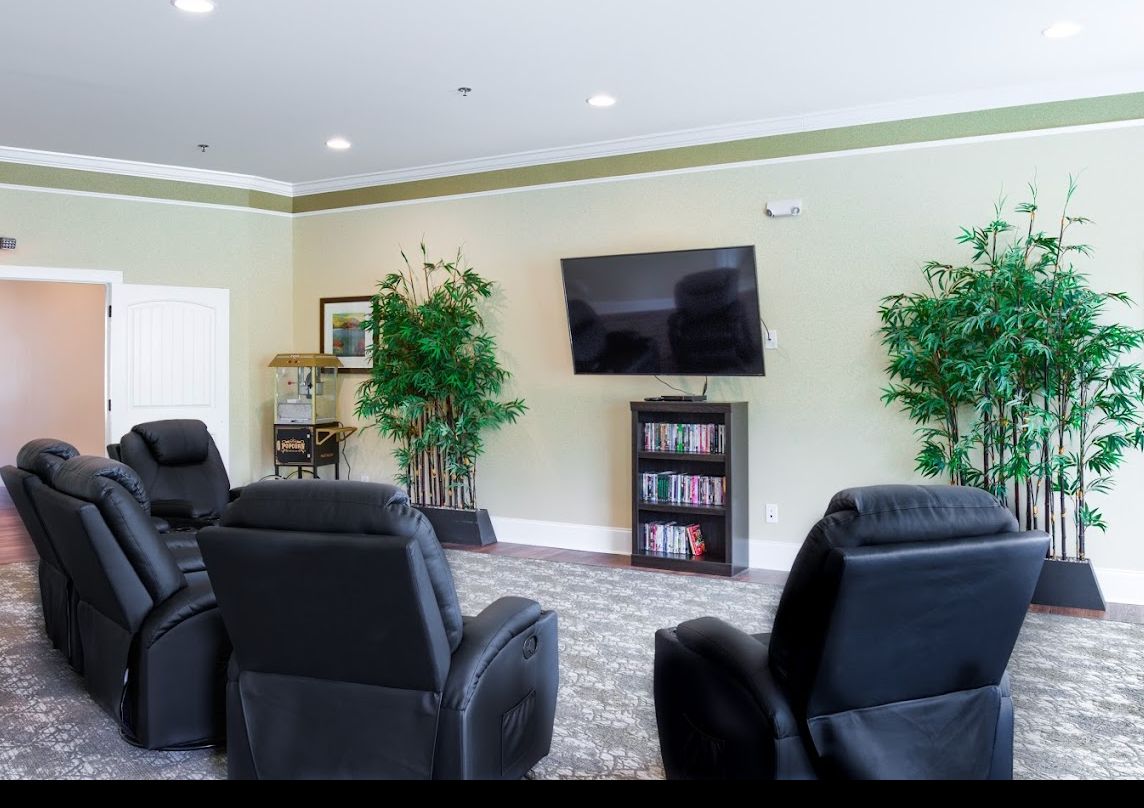 Comfortable lounge area with recliner chairs facing a TV and bookshelf, adorned with decorative plants.