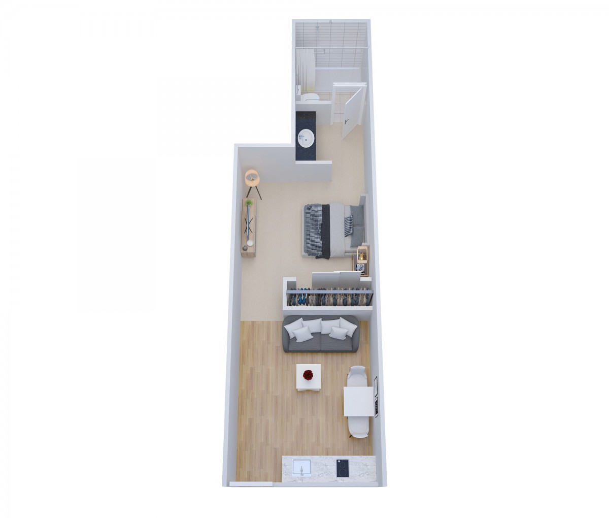 A 3D floor plan of a studio apartment showcasing its layout and interior design.