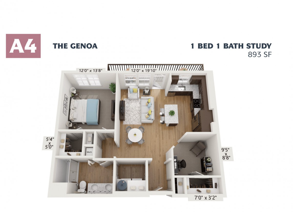 The Genoa: A 1 bed, 1 bath apartment floor plan.