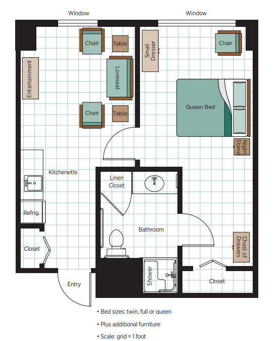 This image shows a floor plan of a one-bedroom apartment, including a kitchen, living room, bathroom, and designated furniture placement.