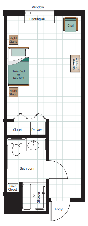 A floor plan showing the layout of a small bedroom with an attached bathroom and closet space.