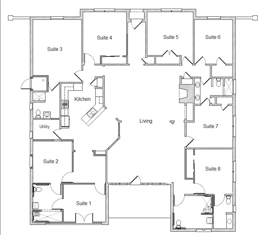 A detailed floor plan of a multi-suite house with common living areas and multiple bedrooms.