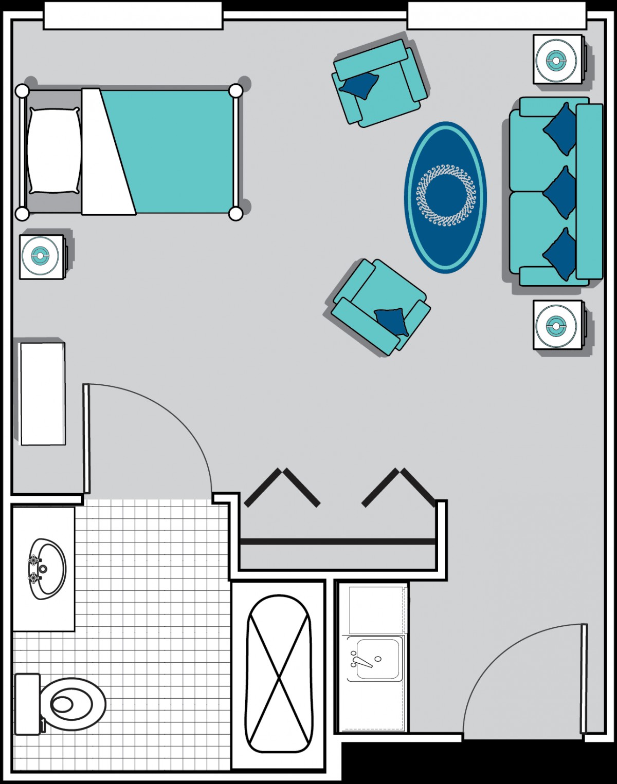 A floor plan of a one-bedroom apartment showing the arrangement of furniture in the living room and bedroom.