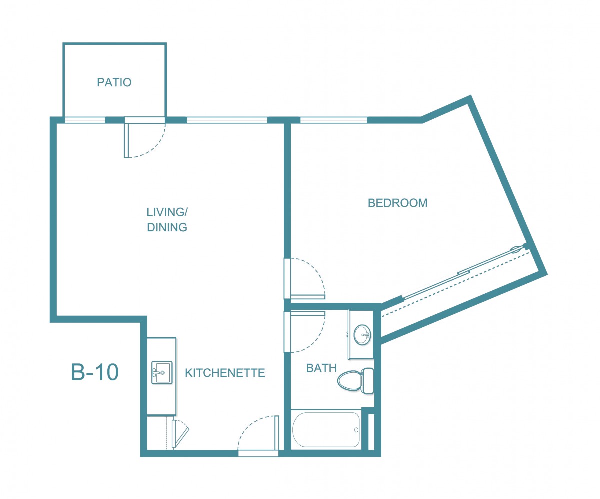 A floor plan of a one-bedroom apartment featuring a living/dining area, kitchen, bathroom, and patio.