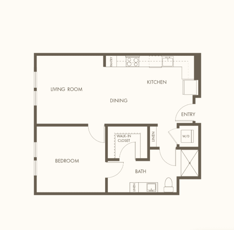 A minimalist floor plan of a one-bedroom apartment.