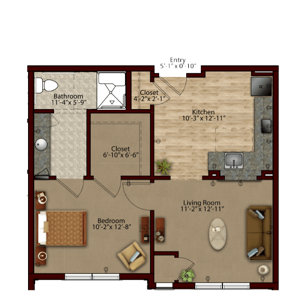 A detailed floor plan of a one-bedroom apartment featuring a kitchen, living room, and bathroom.