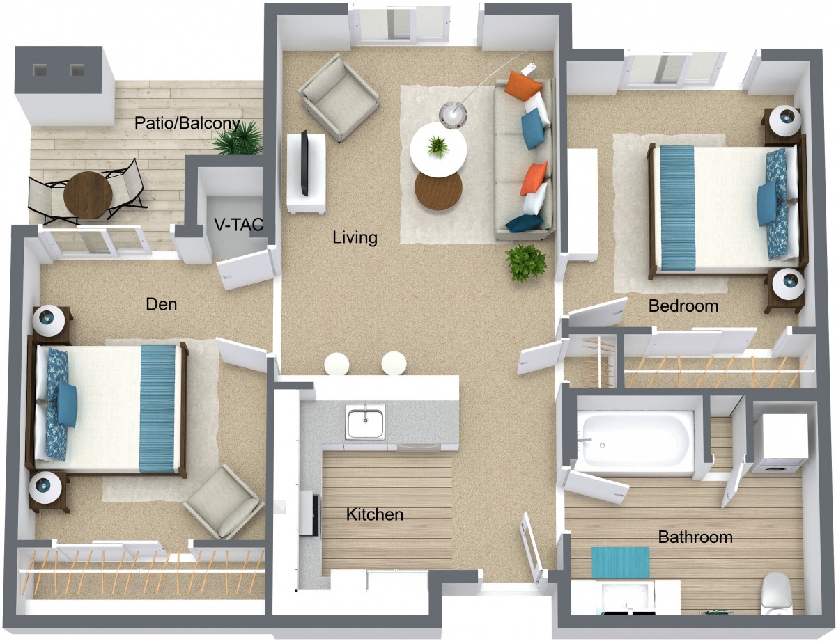This image is a 3D floor plan of an apartment featuring a living room, two bedrooms, a kitchen, a bathroom, and a balcony.